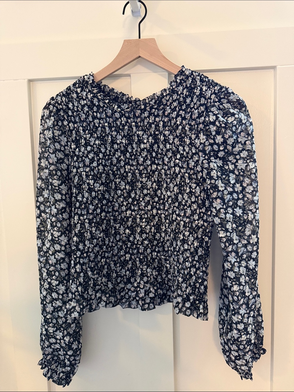 Laundry By Shelli Segal Black and White Smocked Floral Blouse